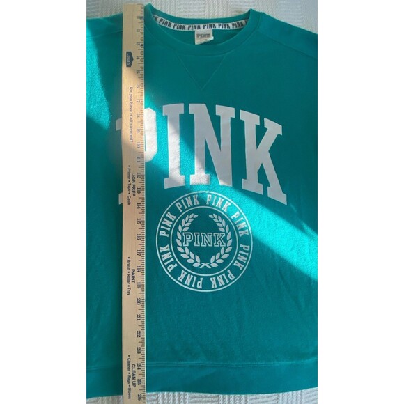 PINK Victoria’s Secret logo crew neck teal green sweatshirt medium long sleeve - Picture 9 of 11